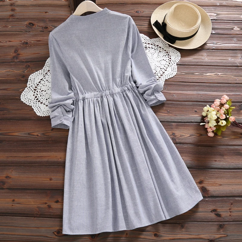 Mori girl robe Femme, весенне-осеннее винтажное платье с завязками на талии, женские платья с длинным рукавом и вышивкой в полоску из хлопка и льна