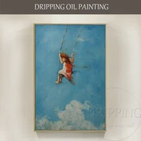 cheap price hand painted high quality wall decor kid swing oil painting lovely colors kid swing in blue sky oil painting