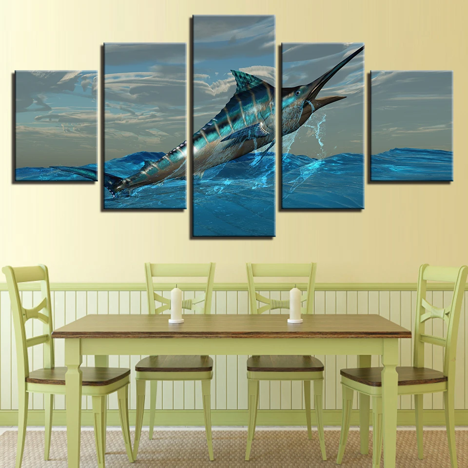 Модульная картина Картина на холсте популярная 5-панельная синяя стена марлина
