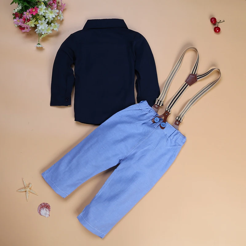 Elvesnest Kids Boys Clothing Set Spring Autumn Fashion Children Boy Clothes Suit Cotton Long Sleeve Shirt+Blue Strap Pants |