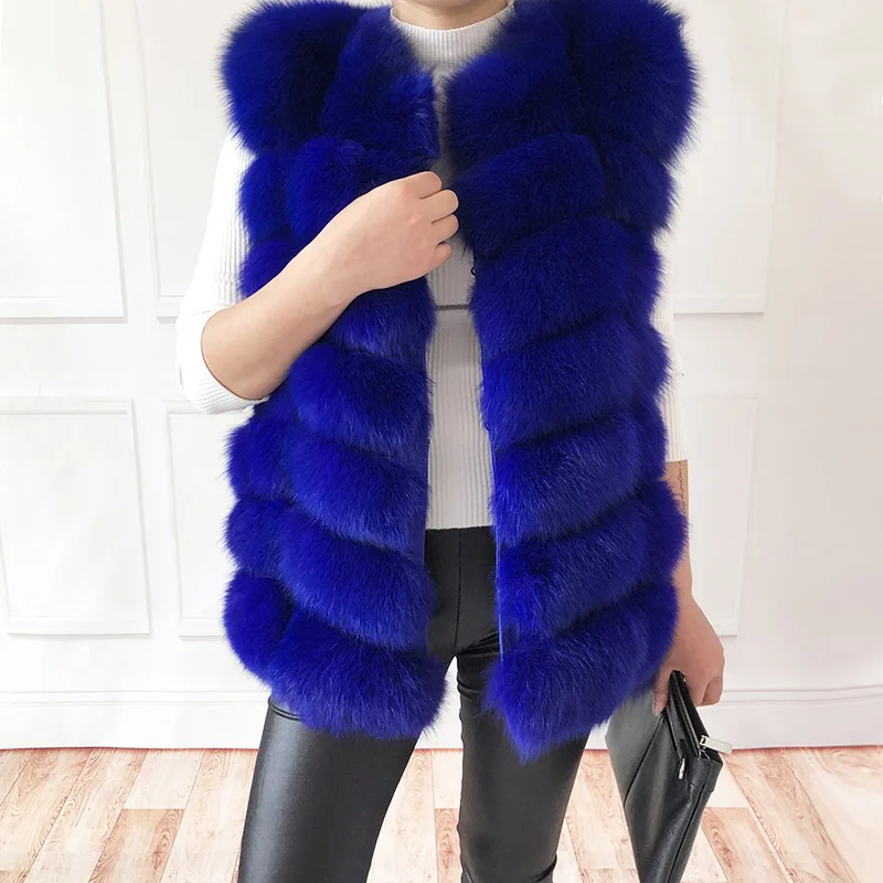 Blue Жилет из натурального Лисьего меха Короткий без рукавов настоящий Лисий мех пальто куртка меховая куртка натуральный мех пальто жилет - Цвет: Blue