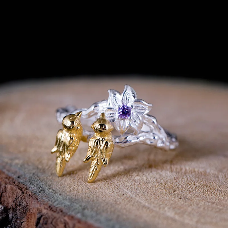 Серебро 925 пробы AAA циркон ветка дерева двойное кольцо с птицей и цветком Золотые