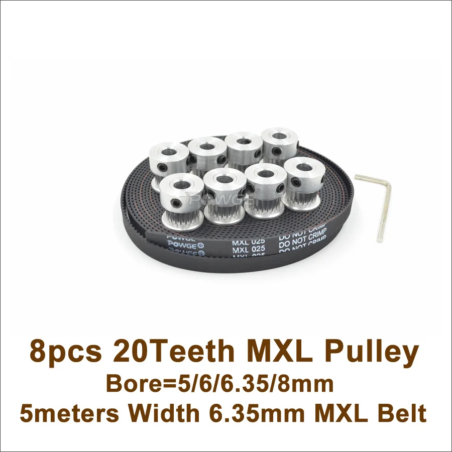 

POWGE 8pcs 20 Teeth MXL Timing BeltPulley Bore 5/6/6.35/8mm + 5meters MXL Belt Width 6.35mm Ultimaker 20T 20Teeth MXL Pulley