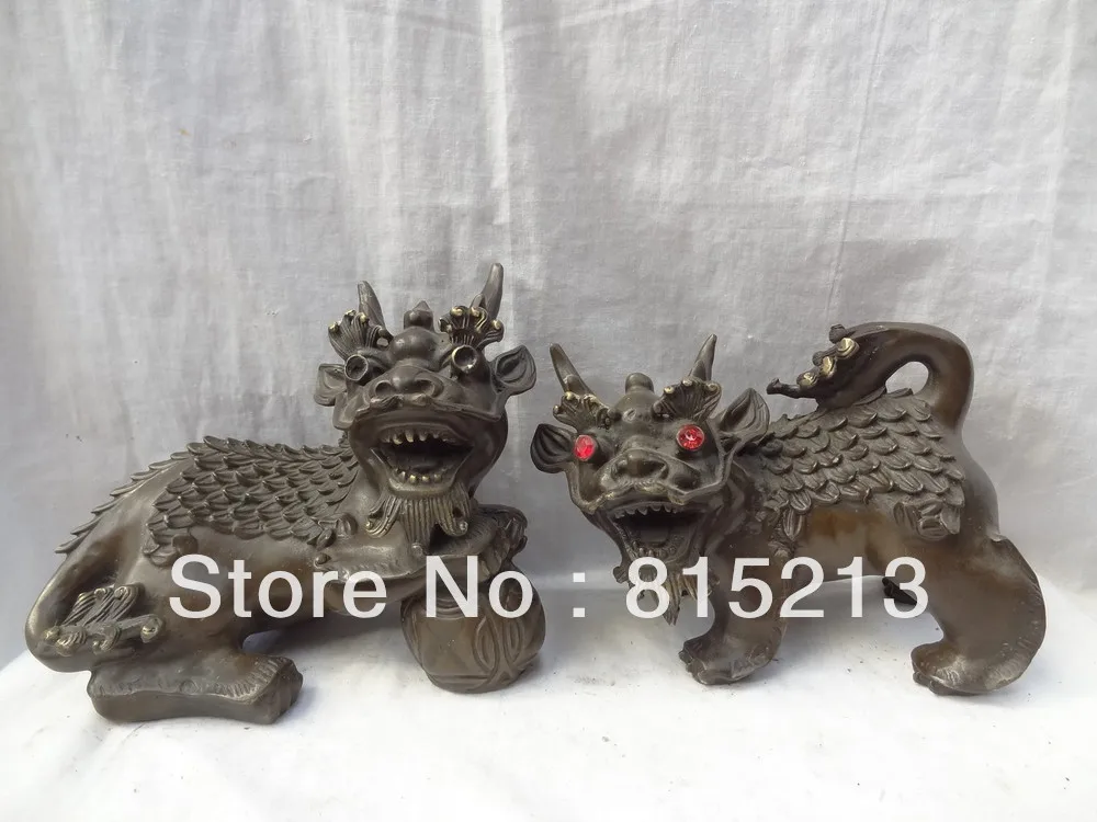 

wang 000257 9" Chinese Pure Bronze Foo Fu Dog Lion PiXiu Dragon Unicorn Ball Statue Pair