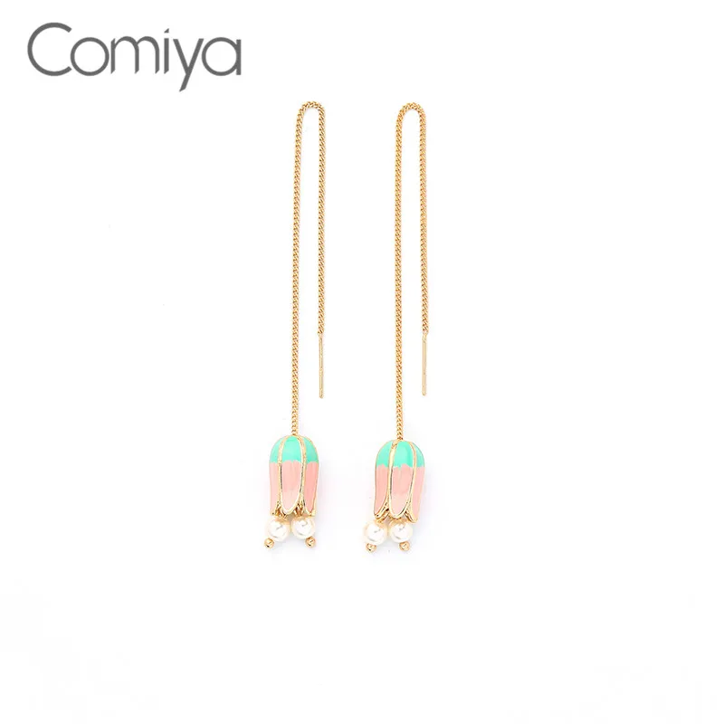 Comiya Long Earrings For Women Enamel Links Acrylic Pearl Gold Color Fashion Flower Pendant Dangle Earring Aretes De Mujer | Украшения и