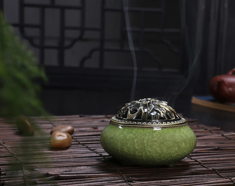 Кракелюрная глазурь керамическая база для благовоний винтажная курильница Благовонная Палочка держатель для благовоний курильница катушечная печь с крышкой из медного сплава