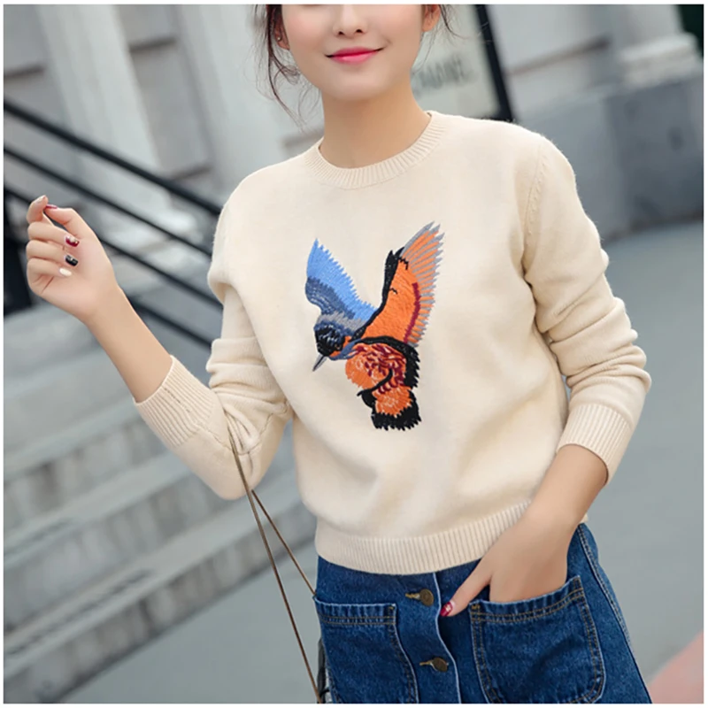 2017 Осень Зима укороченный свитер женский птица вышивка короткий Пуловеры с