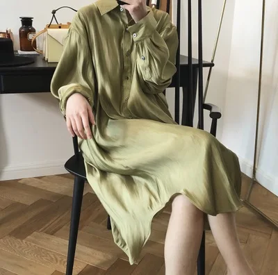 green Vintage Silk Satin Dress Female Temperament Goddess Lazy Shirt Dress Loose Long Sleeve Silk Soft Long Robe Femme High Quality - Цвет: green