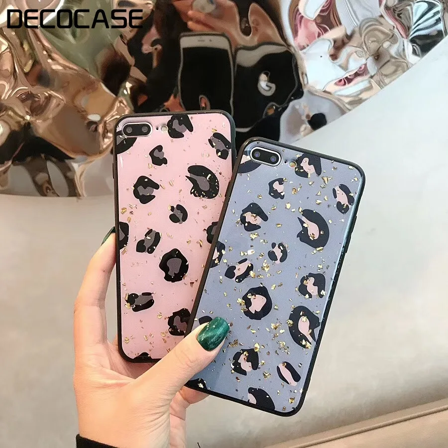 DECOCASE Fashion Leopard Printing Luxury Gold Foil Drop Glue Women Girls Phone Cases for iPhone 6 6s 7 8 Plus X XR XS Max Covers |