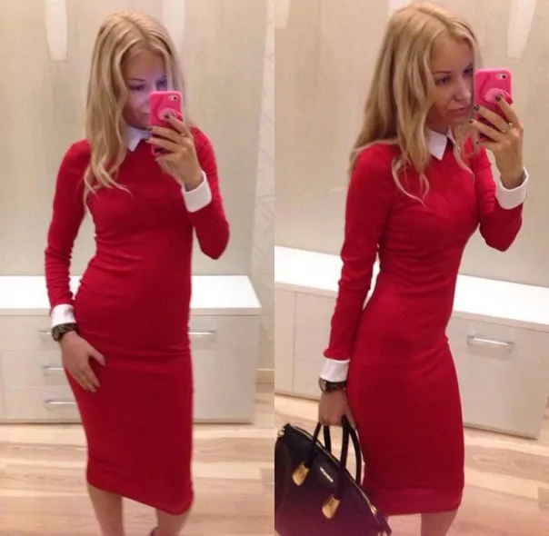 2015 new style AliExpress trade in Europe and America lapel long-sleeved knit lady hit color dress factory supply | Женская одежда