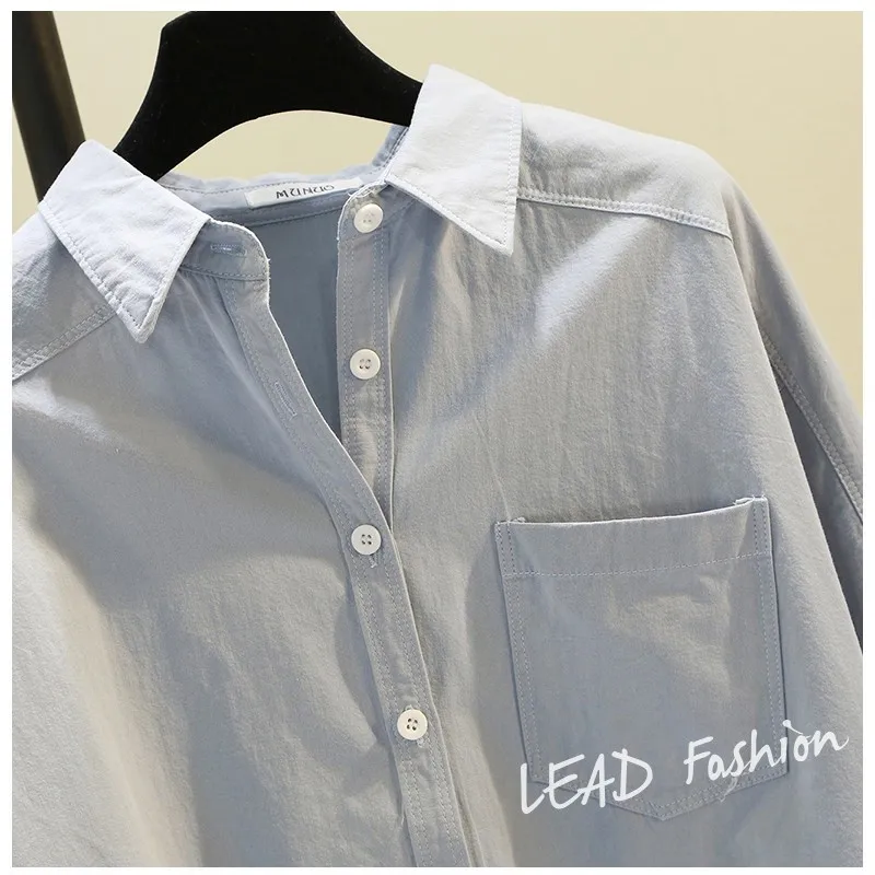 

Pocket solid color long-sleeved shirt 2019 spring and summer new Korean literary shirt bottoming shirt top w204