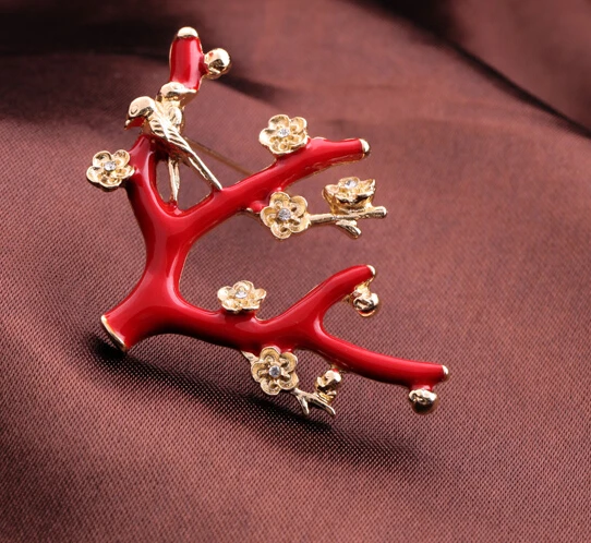 2015 Christmas Promotion Red Enamel Tree leaves flower Brooch Festival Accessory jewelry For women girls vintage brooch | Украшения и