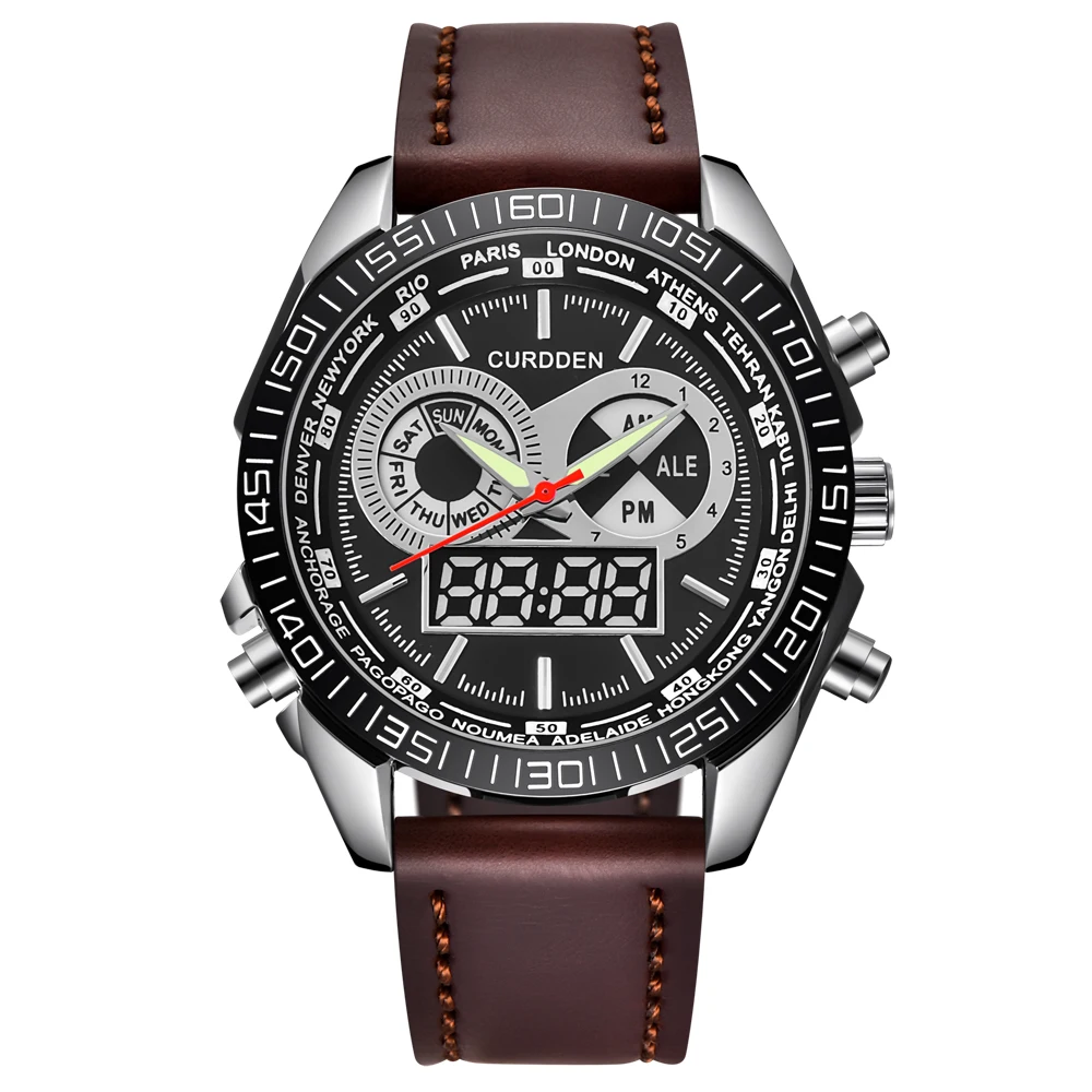 

Mens Watches Top Brand CURDDEN Analog Digital LED Dual Time Fashion Leather Chronograph Casual Watch Relogio Masculino Marca