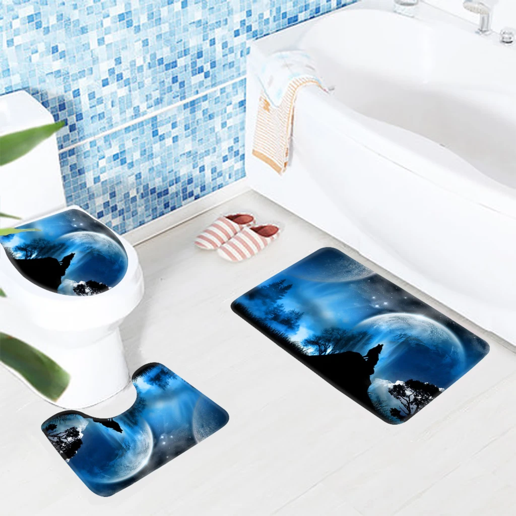 3pcs Bath Rug Sets Cartoon Wolves Pattern Bathroom Anti Slip Mat Soft Foam Shower and Toilet Set | Дом и сад
