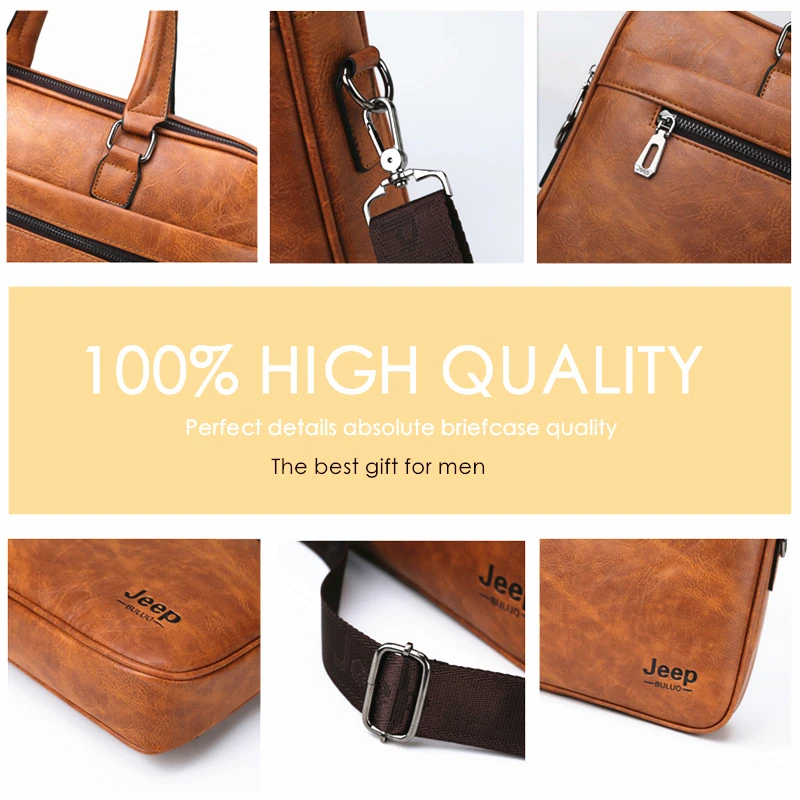JEEP BULUO Famous Brand Men Briefcases High Quality 14'Laptop office Business Bag Leather Shoulder Messenger Bags Travel Handbag