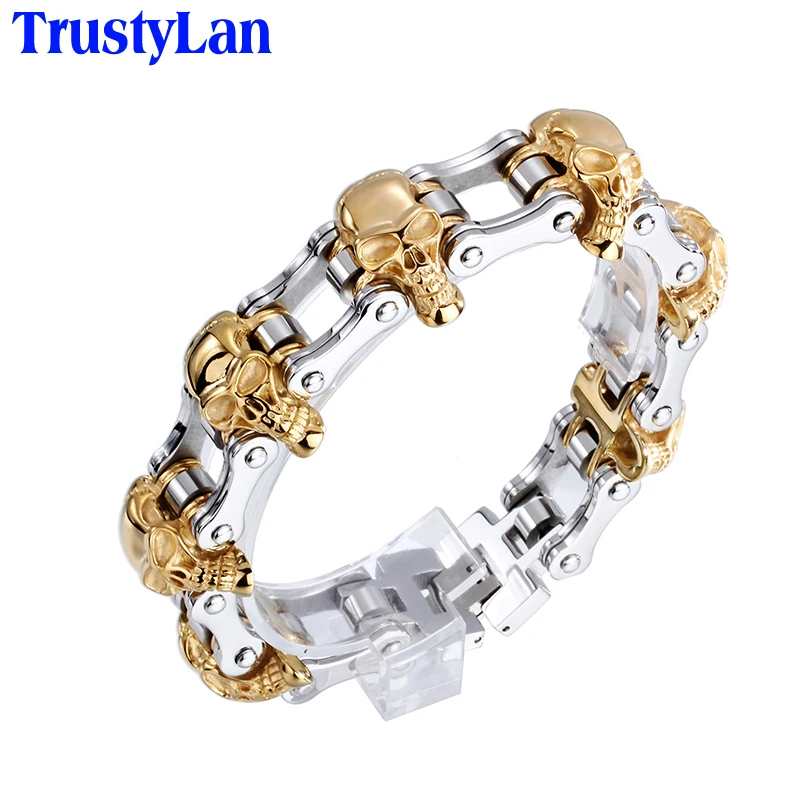 Мужской браслет из нержавеющей стали золотистый Байкерский с черепом аксессуар