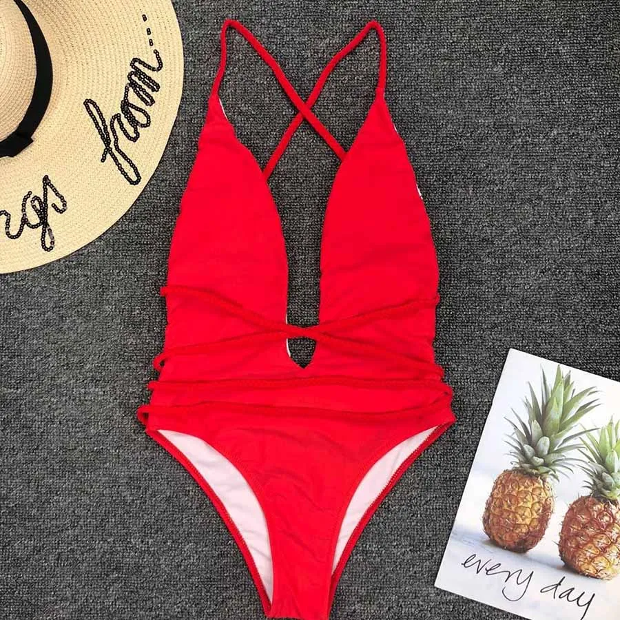red DIY бандажный купальник, блестящий женский купальник с длинным ремешком, Цельный купальник для женщин, купальник с глубоким v-образным вырезом, купальный костюм, боди - Цвет: red