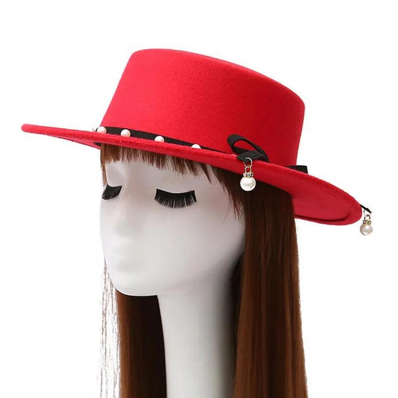 Новинка осенние и зимние версия тенденции вдоль плоским Top Hat г-жа Перл Имитация шерсти фетровая шляпа для женщин Шляпы фетровые для женщин