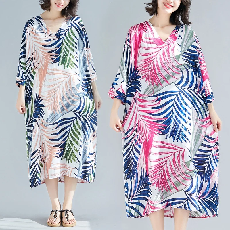 Женское винтажное платье с цветочным принтом свободное пляжное миди V образным