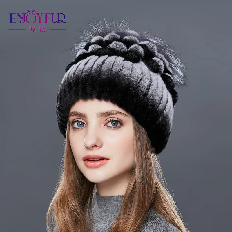 Enjoyfur естественно кролика рекс меховая шапка женские теплые зимние шапки с Silver Fox