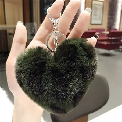 Army green heart Искусственный мех кролика мяч цепь с ключом помпон Leopard плюшевое сердце брелок Pom круглый шар брелок автомобиль сумка брелок подарок chaviro - Цвет: Army green heart
