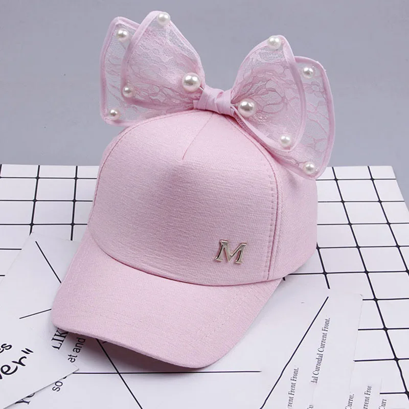 pink Детская бейсболка с бантом для девочек, детская летняя шапка, козырек, шапки с кружевным бантом и жемчугом, шапочка для девочек, детские солнцезащитные головные уборы, muts - Цвет: pink