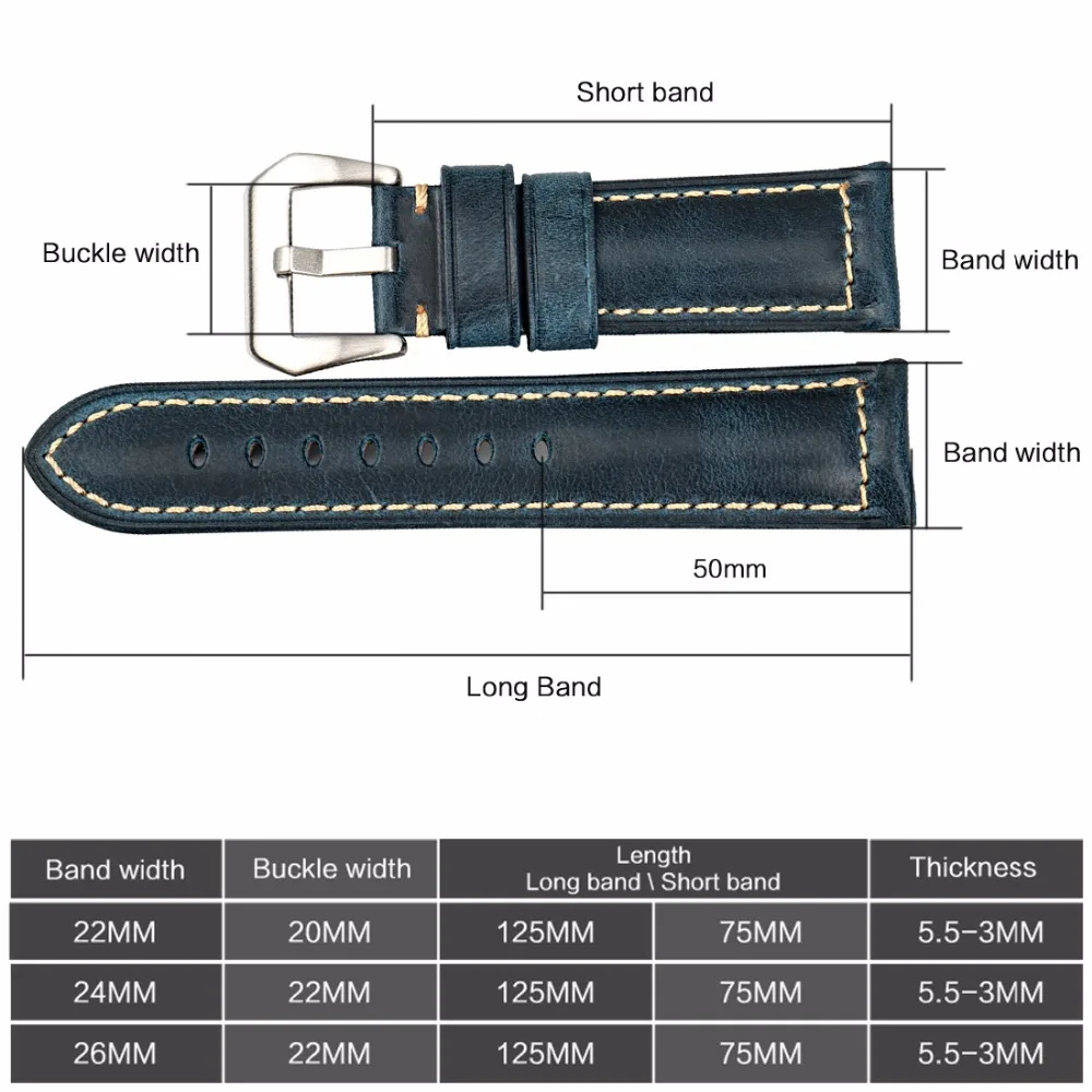 MAIKES Watch Accessories Oil Wax Leather Watch Strap 20mm 22mm 24mm 26mm Watchbands Vintage Blue Watch Band Bracelet For Panerai