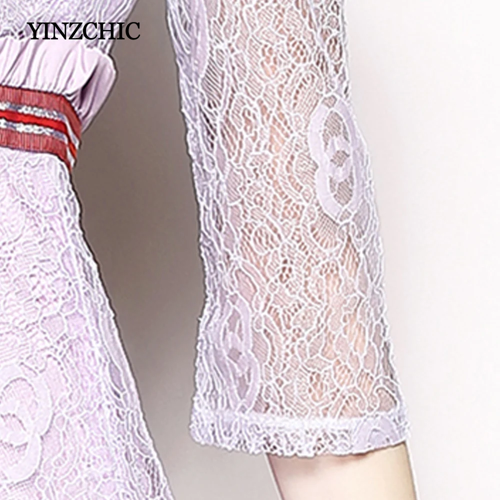 Ранняя осень женское платье из кружева однотонное лавандовое OL элегантные