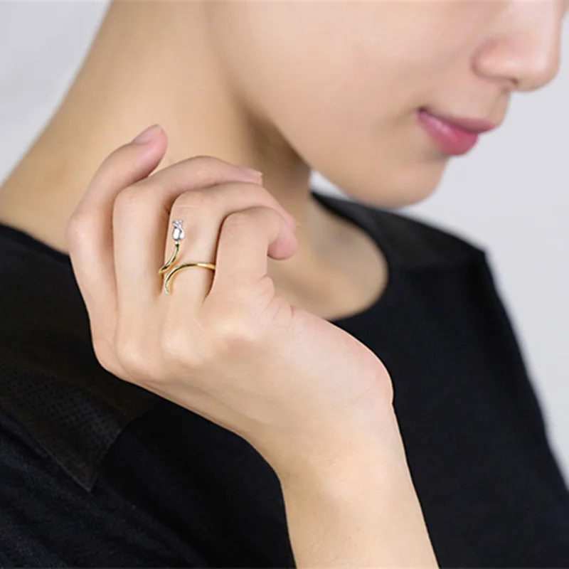 Женское кольцо ручной работы из серебра 925 пробы золотистое с розой | Украшения и