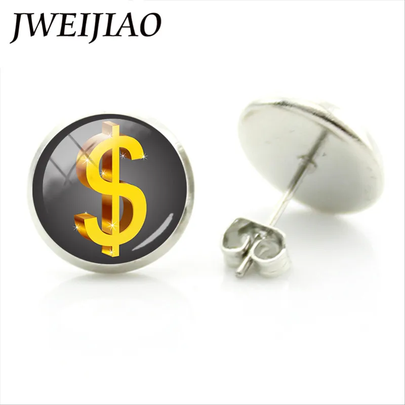 JWEIJIAO доллар знак Серьги гвоздики $ золотого цвета в стиле хип хоп Bling Dollar с