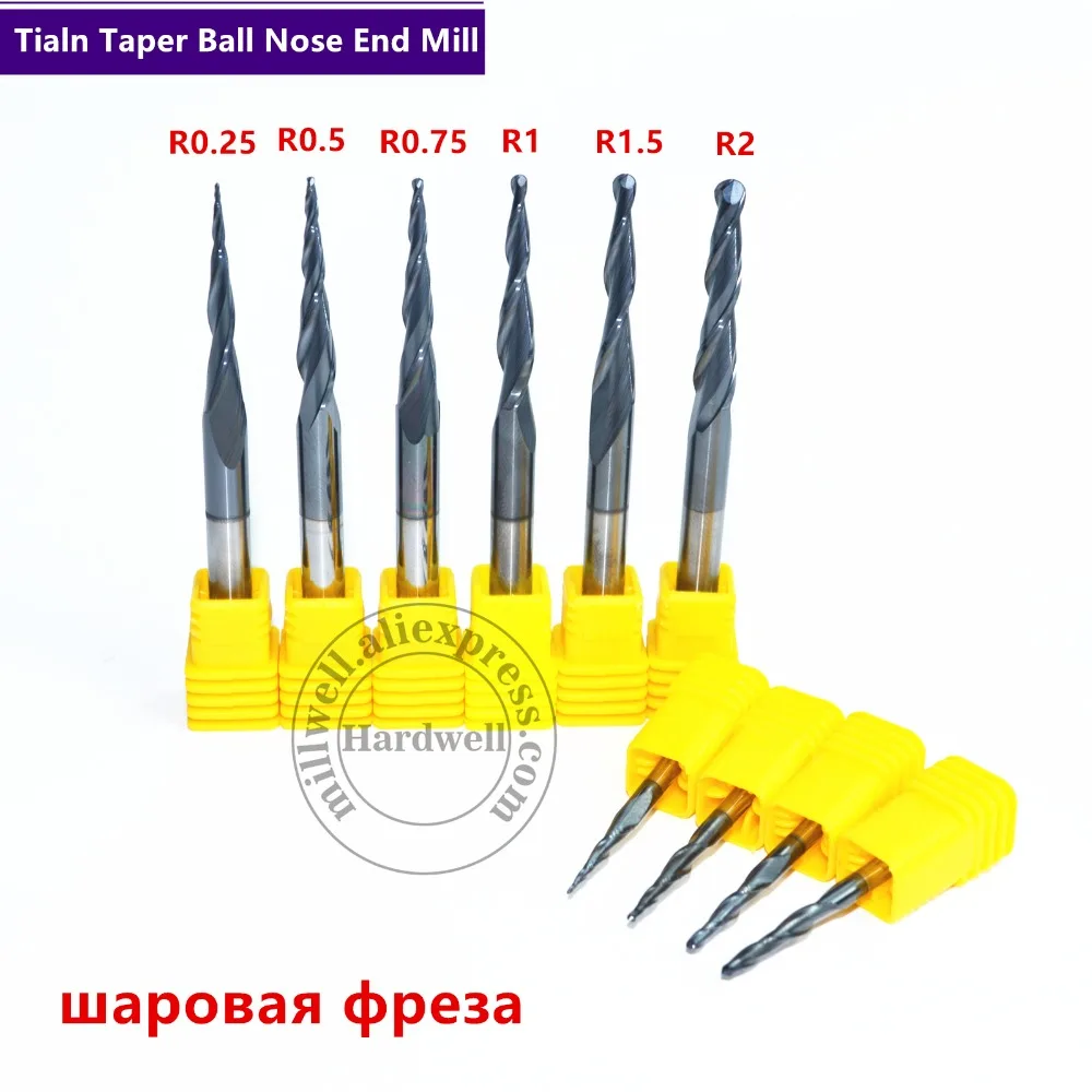 R0.25& R0.5& 0,75& 1,0 R1.5& R2-1PCS для станка с ЧПУ из карбида вольфрама с 2 каннелюра с коническим отверстием производства со сферическим фреза, Деревообработка сферические гравировальное лезвие