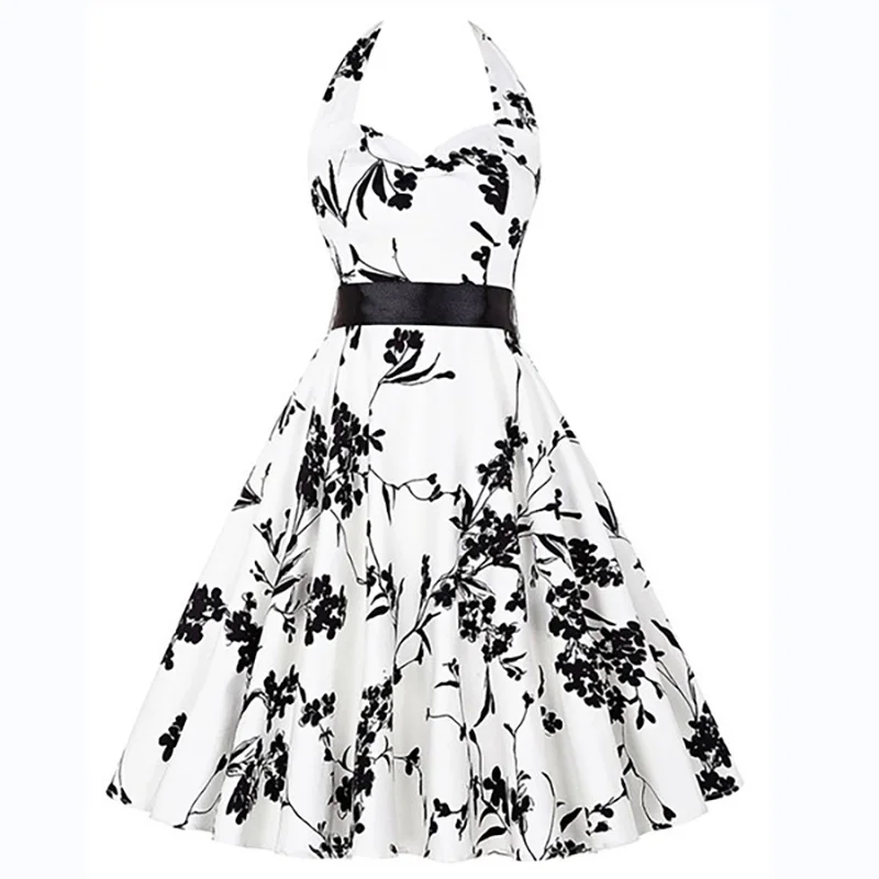 Женское летнее платье с лямкой на шее 2017 большой размер Одри Хепберн цветочный