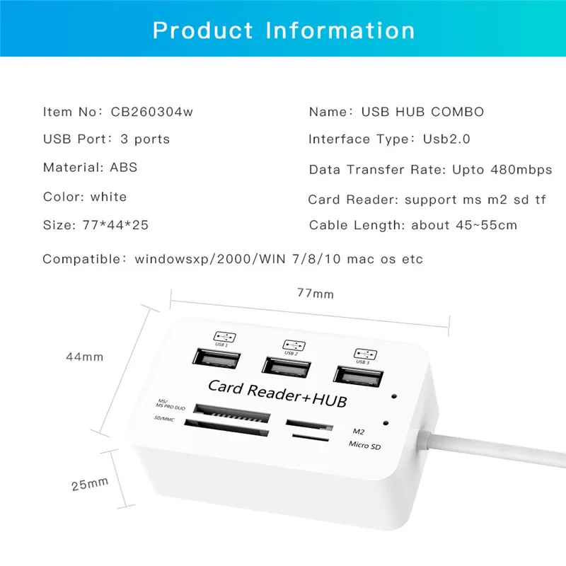 3 порта usb-хаб высокоскоростной USB2.0 разветвитель Кабель кардридер поддержка SD MMC TF M2 MS для Windows XP 7 8 10 Mac OS