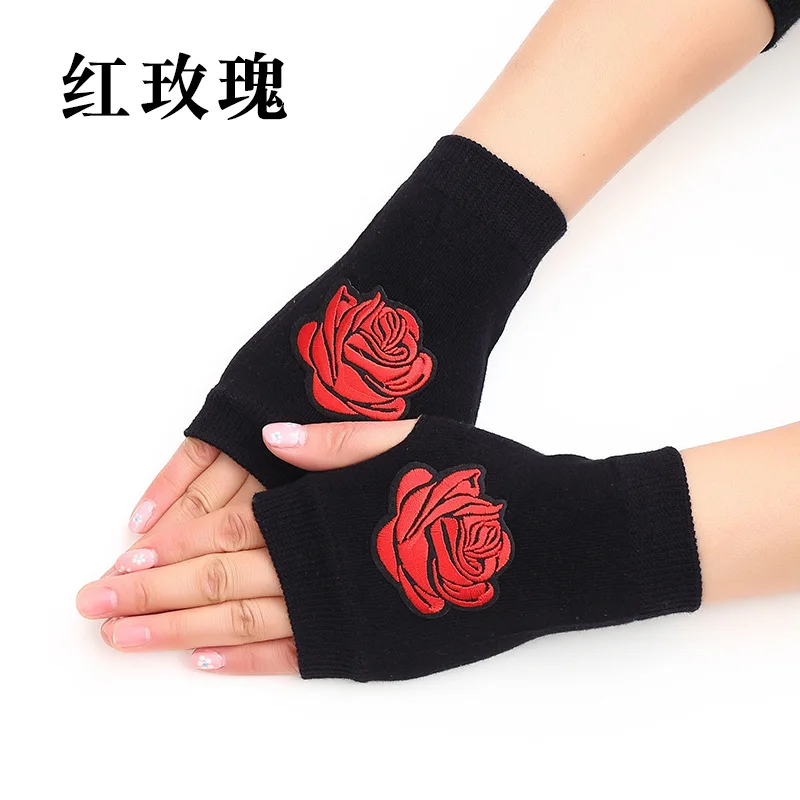 Red Rose Женская прекрасная зимняя теплая вязаная без пальцев танцевальные перчатки женские крутые Мультяшные Сова медведь бриллианты Заклепки Блестки Череп перчатки G50 - Цвет: Red Rose