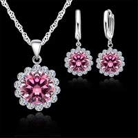 women 925 sterling silver jewelry sets for wedding accessory pink crystal pendant necklaceearrings bridal set jewelry gift