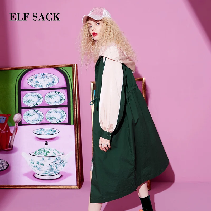 ELFSACK, весенний Женский Тренч, пальто s, повседневное, из кусков, с широкой талией, с капюшоном, пальто, негабаритный, на молнии, Женский Тренч