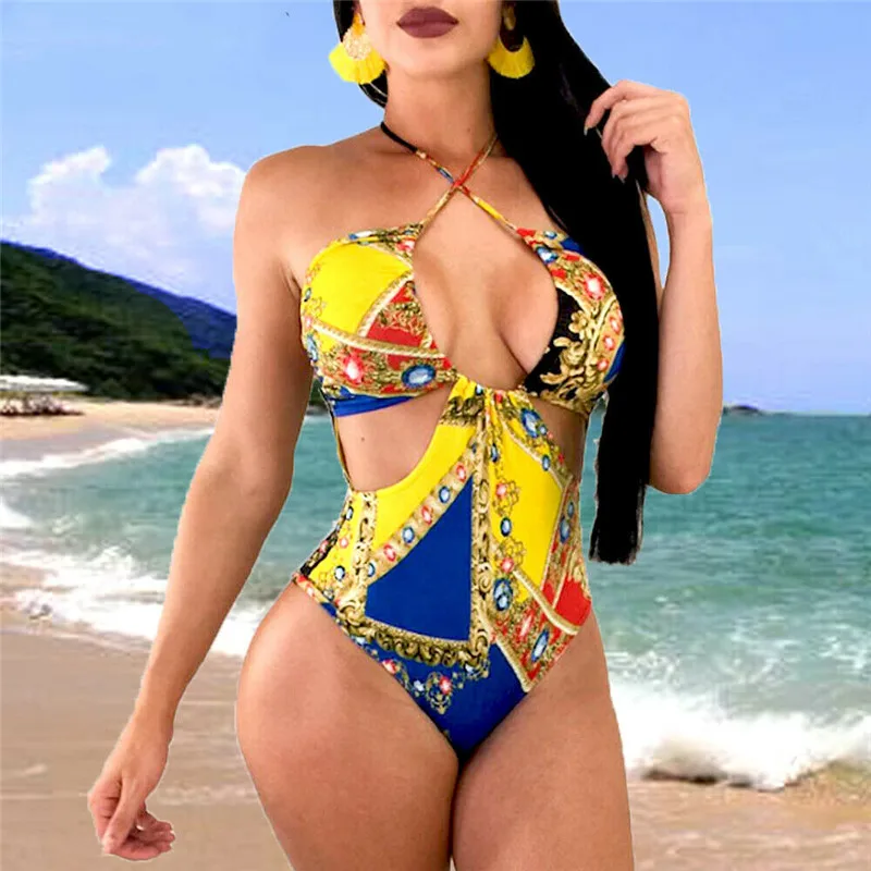 

2Pcs Womens One-Piece Swimsuit Bandage Bikini Push-up Padded Bra Bathing Swimwear Swimming Suit For Women Sleeveless O-neck