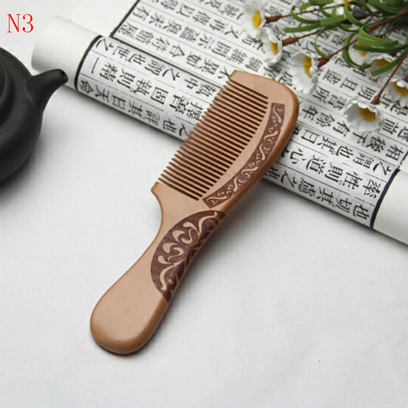 

JETTING 1pcs Natural Peach Solid Wood Comb Engraved Peach Wood Healthy Massage Anti-Static Comb Hair Care Tool Beauty Gift