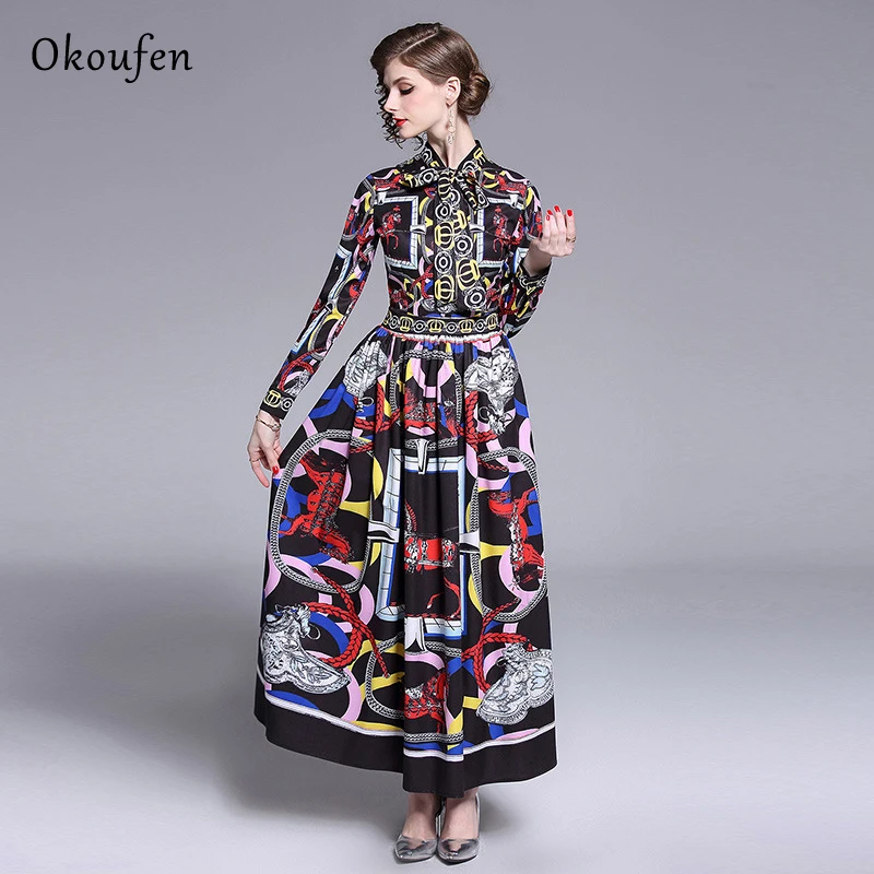 OKOUFEN Весна 2019 классическое платье галстук бабочка модный тренд принт длинный