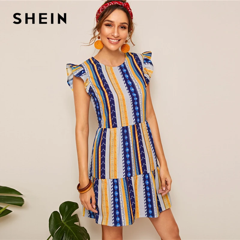 SHEIN, платье с ацтекским принтом и рюшами на пуговицах, платье в стиле бохо без рукавов, этническое платье трапециевидной формы,, женские летние платья с круглым вырезом