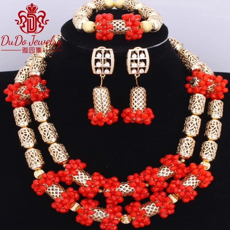 2 слоя Красный Модный Африканский нигерийский Свадебный Кристалл комплект