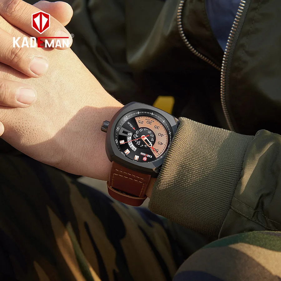 KADEMAN водонепроницаемые спортивные часы мужские роскошные кожаные кварцевые