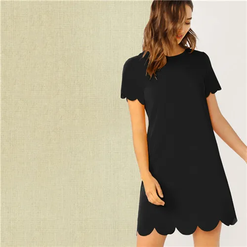 Dotfashion Black Solid Scallop Edge Tunic Dress Women Summer Casual Short Sleeve Dresses Ladies Fashion Straight Dress - Цвет: Черный