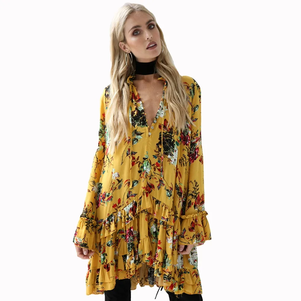 2017 New Fashion Short Mini Dress Women Casual Long Sleeve Ruffles Print Female Loose Floral Vestidos Robe | Женская одежда