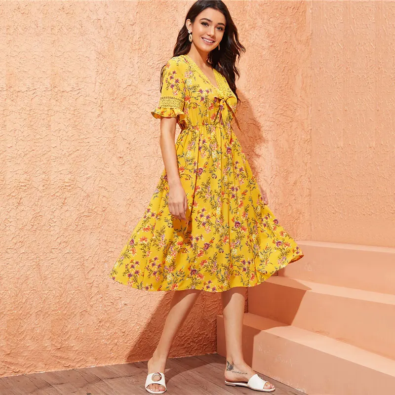 SHEIN, имбирное Гипюровое платье с кружевной вставкой и узлом спереди, Цветочное платье, женское платье миди с v-образным вырезом, платье с оборками на талии, летнее платье с рукавами