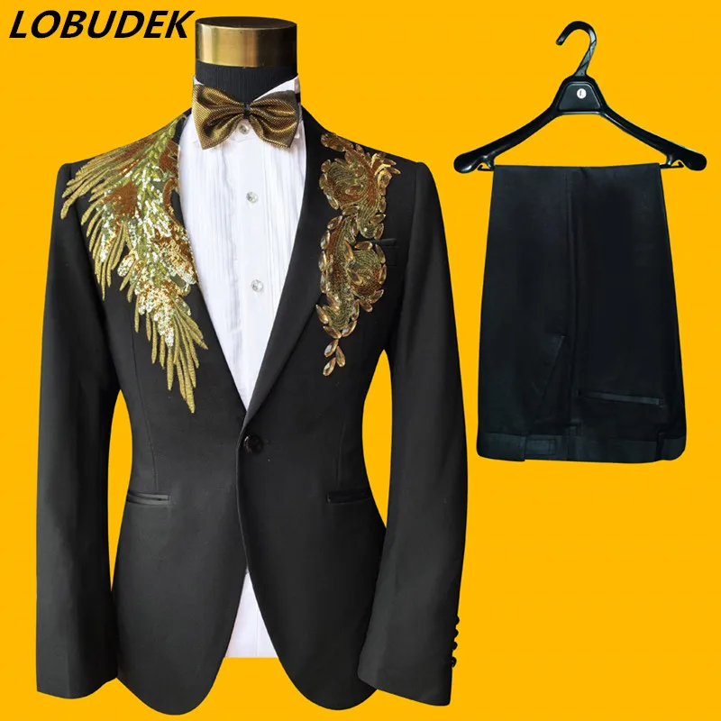 

Men's Dress Gold Crystals Sequins Blazers Pants 2 Pieces Formal Male Suits Singer Chorus Performance Set Evening Party Host Suit
