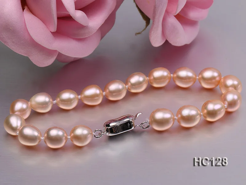Unique Pearls jewellery Store Charming AA 7.5-8MM Pik Color Rice Freshwater Pearl Bracelet 19cm 925 Silver Clasp | Украшения и