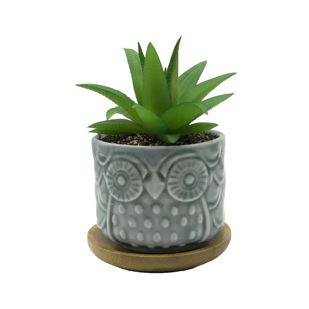 6 PCS Set Cute Cartoon Animal Owl Shaped Ceramic Succulent Cactus Flower Plant Pots with Bamboo Tray for Home Garden Decoration | Дом и сад