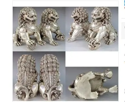 

6 " Pair of Rare Chinese Tibet Silver Guardian Lion Foo Fu Dog Statue Tibetan Silver decoration outlets