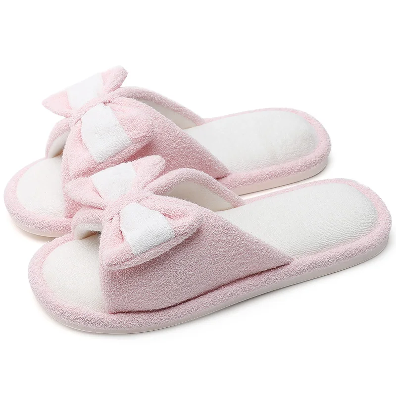 POSEE/милые льняные домашние тапочки с бантиком-бабочкой Зимние на мягкой подошве